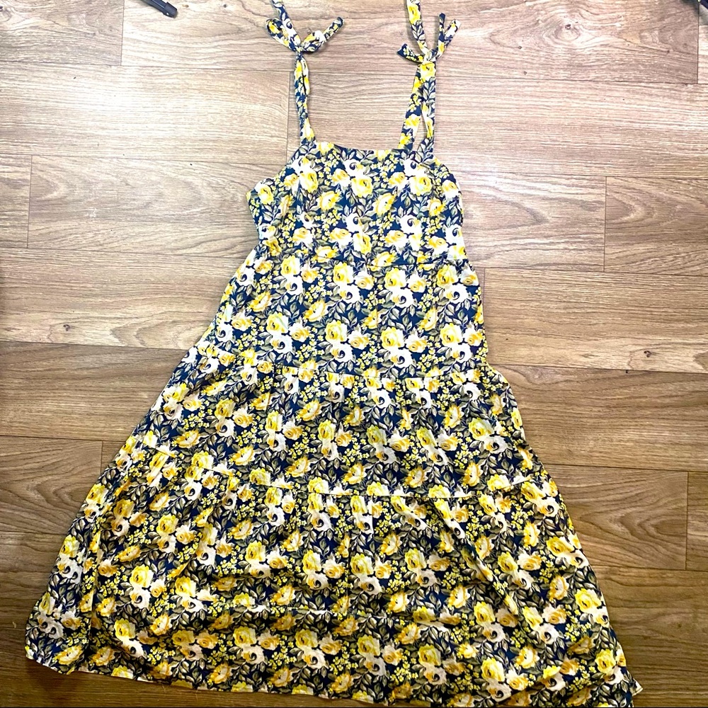 Navy Blue Yellow Floral Maxi Dress Faux Tie Knot Straps